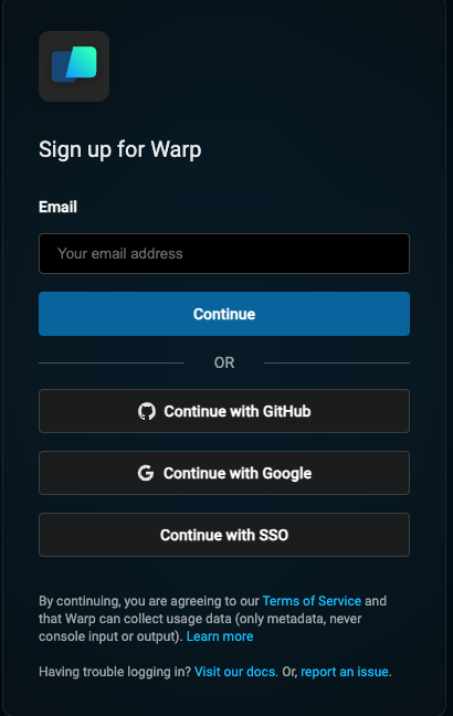 Sign up for Warp